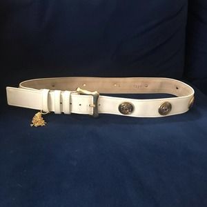 White leather belt with gold detail